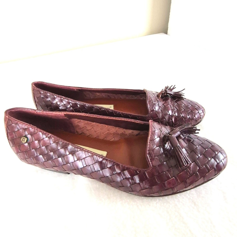 Etienne Aigner Twist Woven Leather Tassel Loafers Burgundy Flats Womens 6M Class